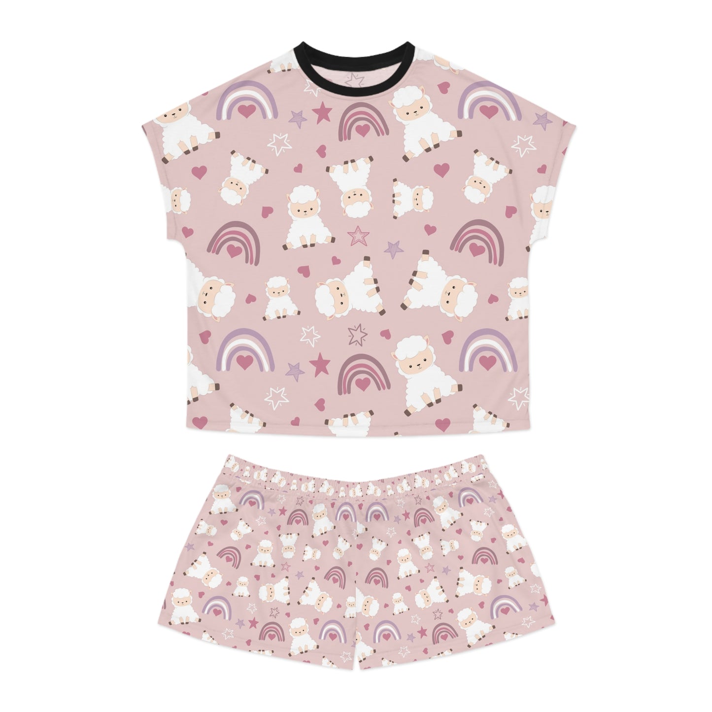 Cozy Women's Short Pajama Set with Sheep and Rainbow Design - Perfect for Sleepovers & Relaxation