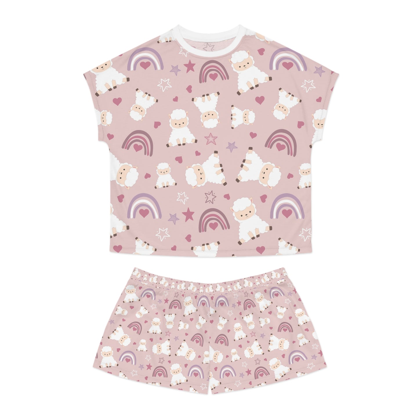 Cozy Women's Short Pajama Set with Sheep and Rainbow Design - Perfect for Sleepovers & Relaxation