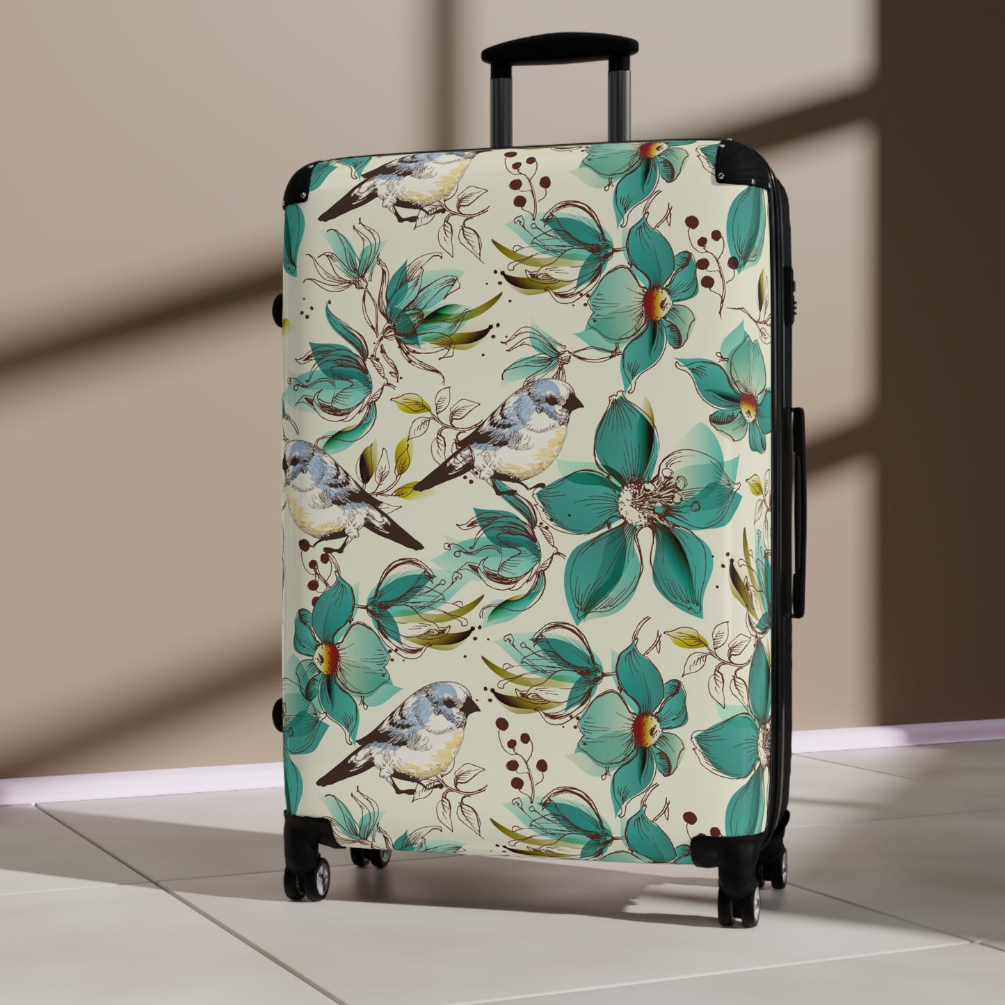 Floral Print Rolling Suitcase - Stylish Travel Luggage for Aviary Lovers