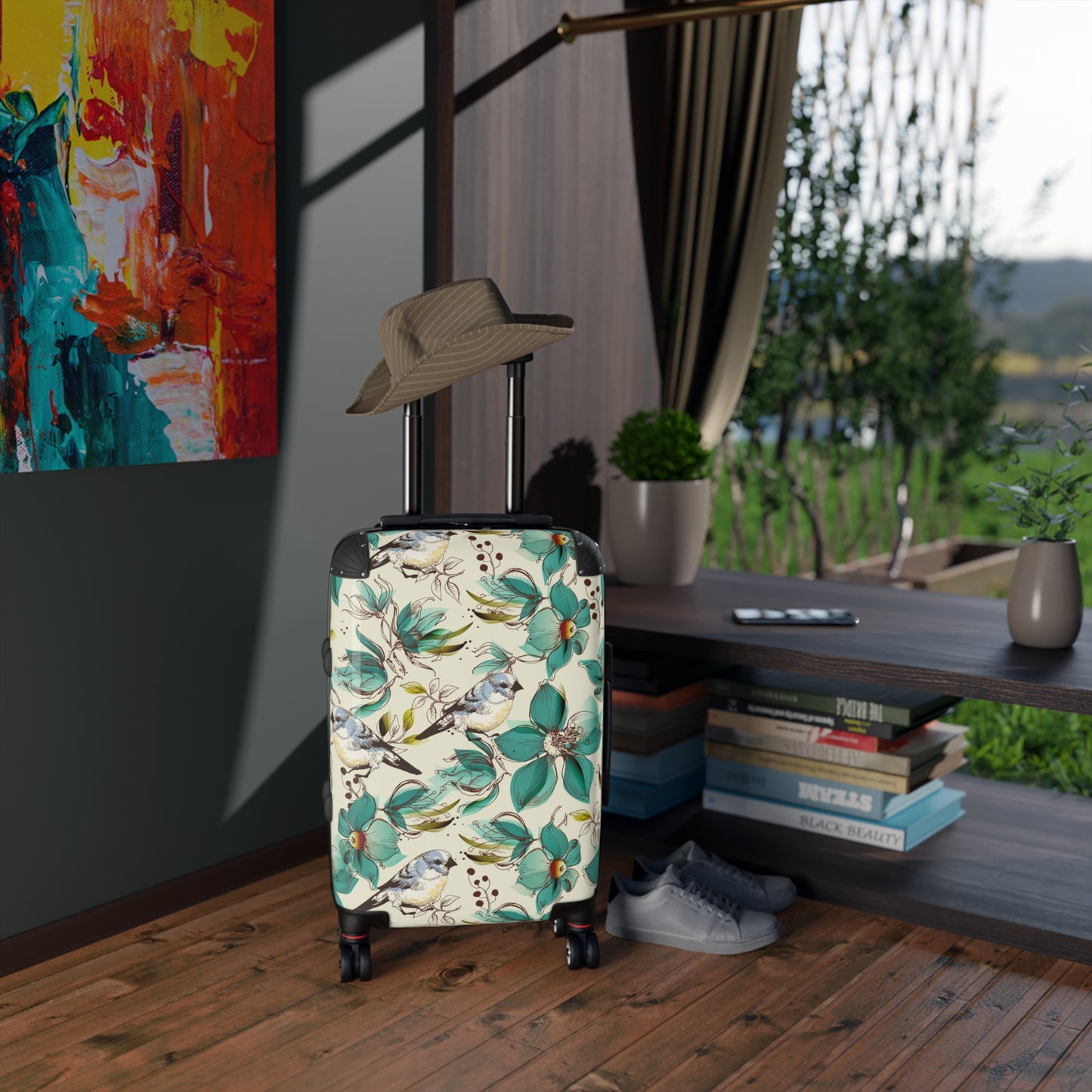 Floral Print Rolling Suitcase - Stylish Travel Luggage for Aviary Lovers