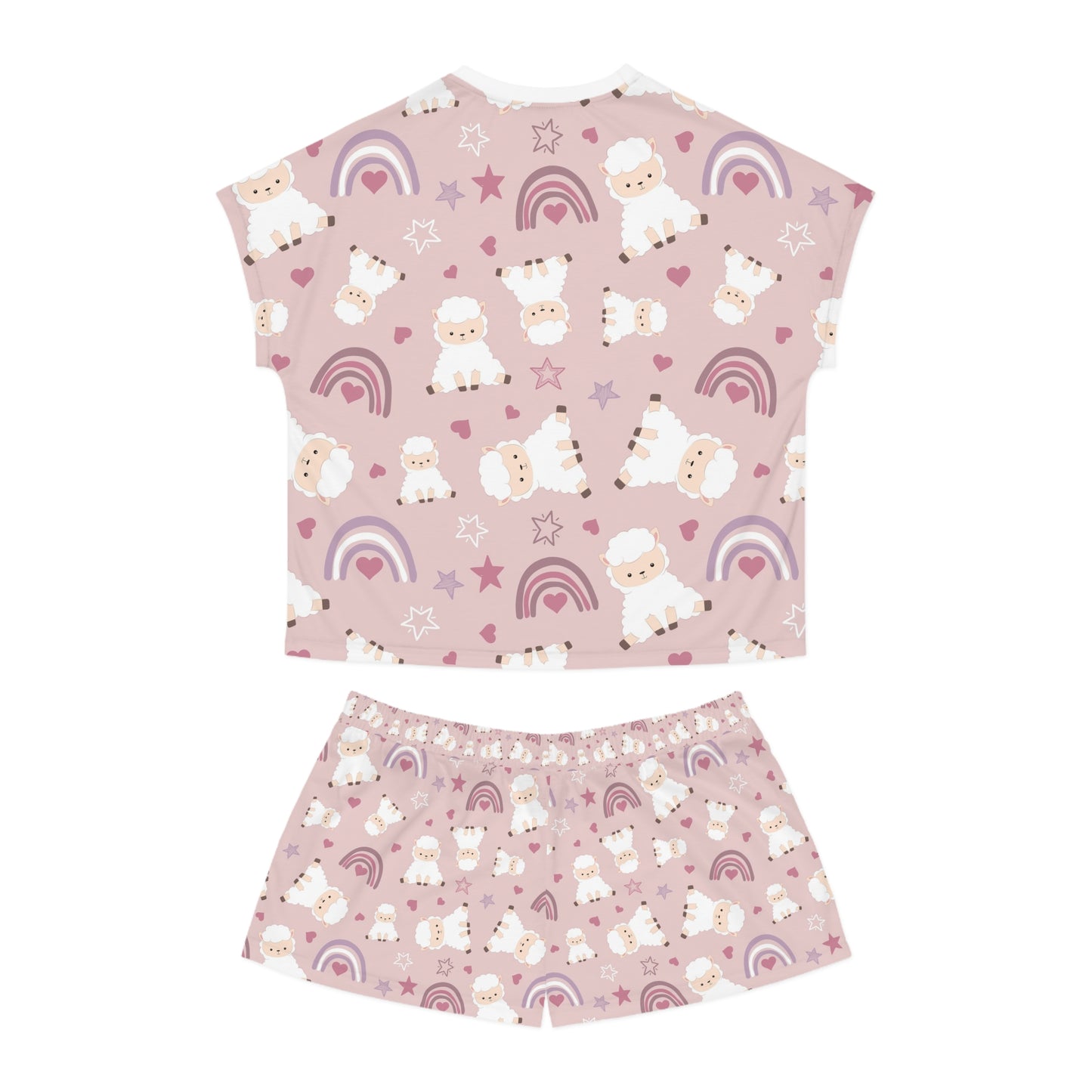 Cozy Women's Short Pajama Set with Sheep and Rainbow Design - Perfect for Sleepovers & Relaxation