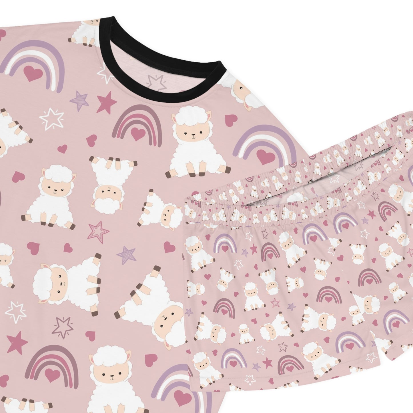 Cozy Women's Short Pajama Set with Sheep and Rainbow Design - Perfect for Sleepovers & Relaxation