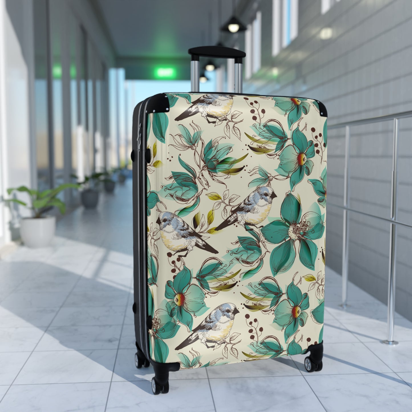 Floral Print Rolling Suitcase - Stylish Travel Luggage for Aviary Lovers