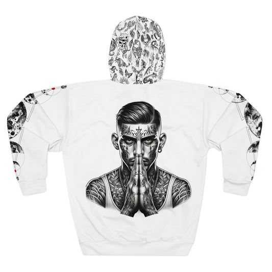 Artistic Unisex Pullover Hoodie with Intricate Tattoo Design