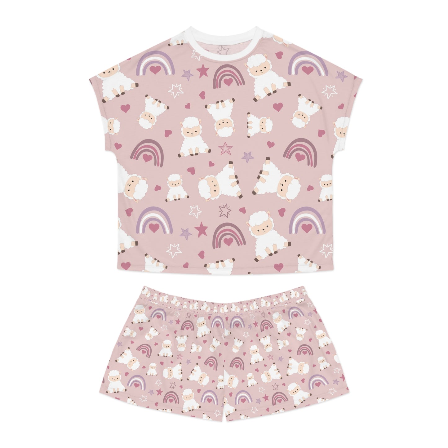 Cozy Women's Short Pajama Set with Sheep and Rainbow Design - Perfect for Sleepovers & Relaxation