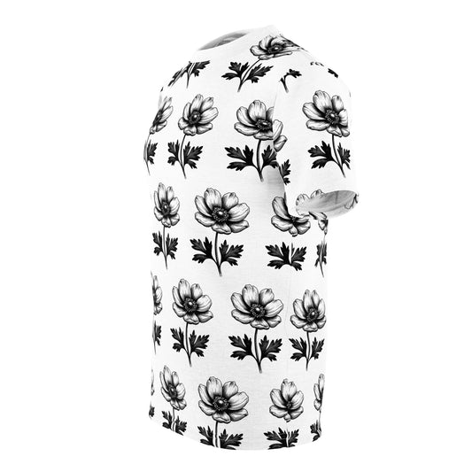 Floral Print Unisex Cut & Sew Tee - Stylish Black & White Summer Shirt